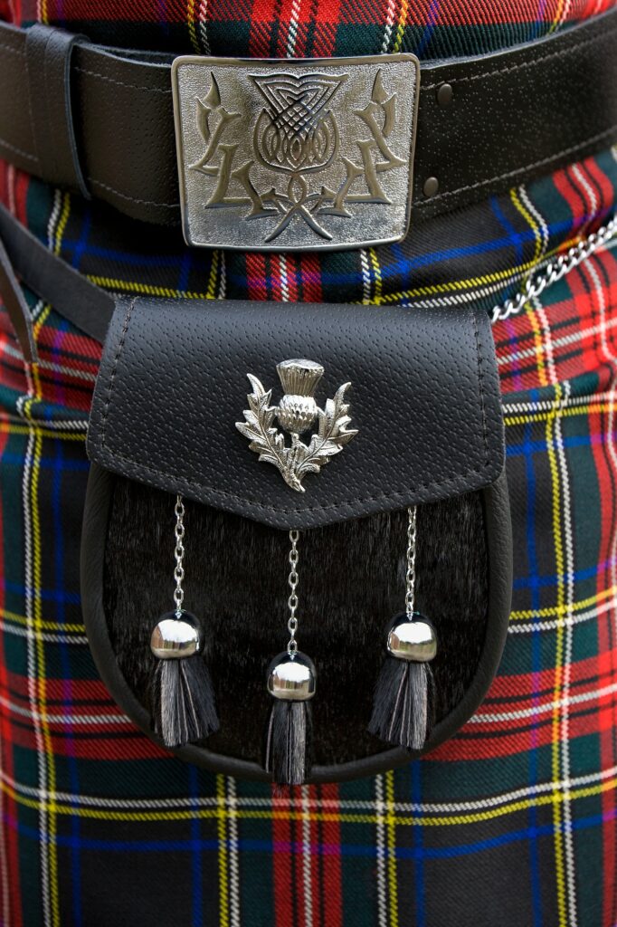 Scotland - Scottish sporran and tartan kilt.